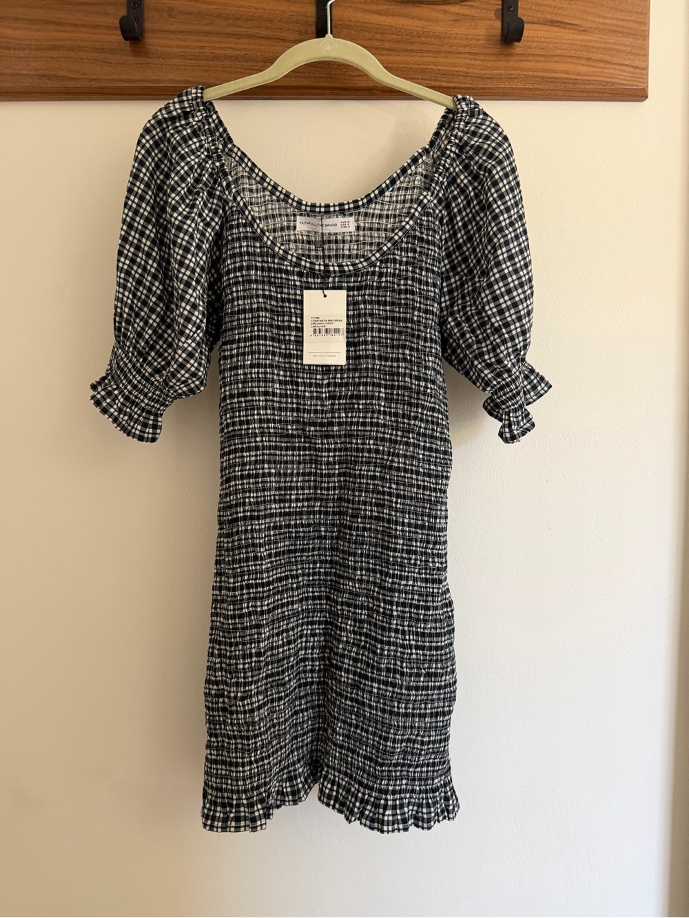 Faithfull the Brand Navy & White Gingham Puff Sleeve Mini Dress